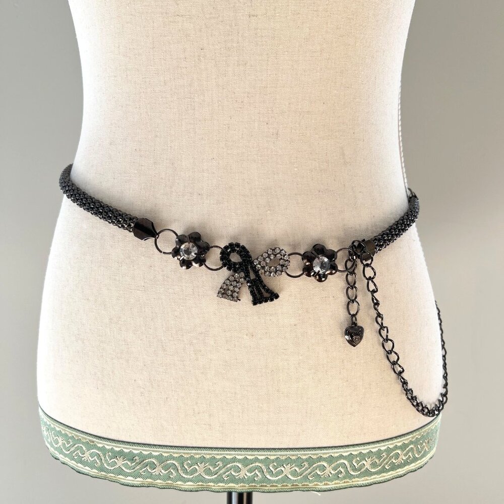 Gun Metal Adjustable Rhinestone Bow & Floral Metal Skinny Chain Belt